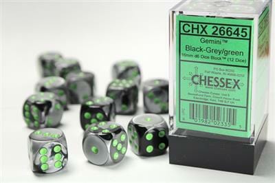 Gemini® 16mm D6 Black-Grey/green Dice Block™ (12 dice) - Image 2