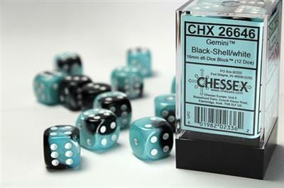 Gemini® 16mm D6 Black-Shell/white Dice Block™ (12 dice)
