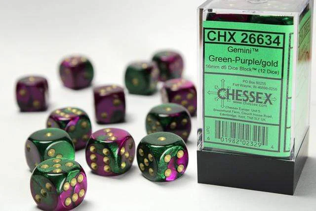 Gemini® 16mm D6 Green-Purple/gold Dice Block™ (12 dice)