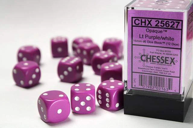 Opaque 16mm D6 Lt Purple/white Dice Block™ (12 dice)