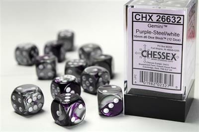 Gemini® 16mm D6 Purple-Steel/white Dice Block™ (12 dice) - Image 3