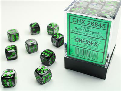 Gemini® 12mm D6 Black-Grey/green Dice Block™ (36 dice) - Image 4