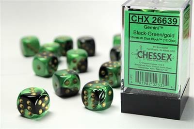 Gemini® 16mm D6 Black-Green/gold Dice Block™ (12 dice) - Image 3