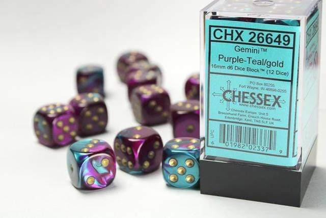 Gemini® 16mm D6 Purple-Teal/gold Dice Block™ (12 dice)