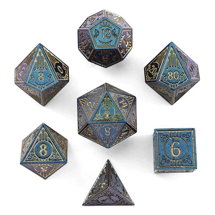Bard Solid Metal Polyhedral Dice Set - Blue with Gold