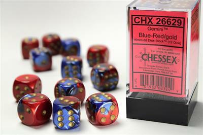 Gemini Blue-Red/gold 16mm d6 Dice Block (12 dice) - Image 4