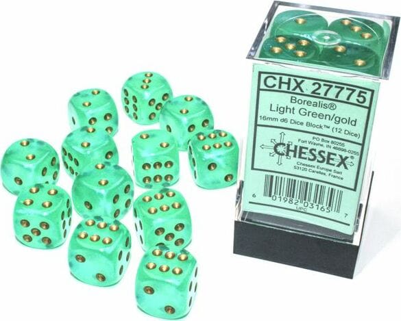 Borealis® 16mm D6 Light Green/gold Luminary™ Dice Block™ (12 dice)