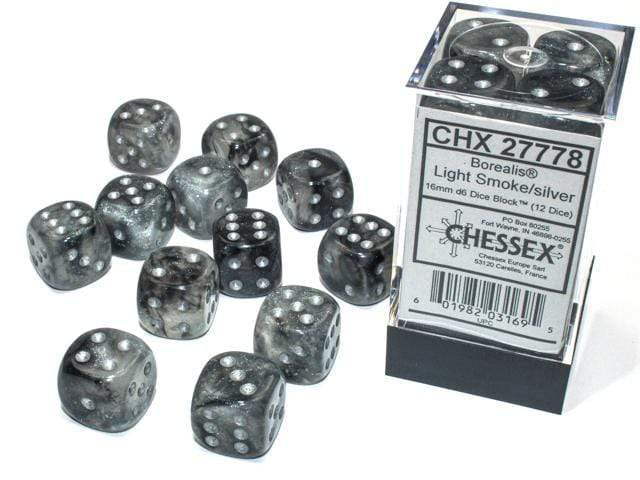 Borealis® 16mm D6 Light Smoke/silver Luminary™ Dice Block™ (12 dice)