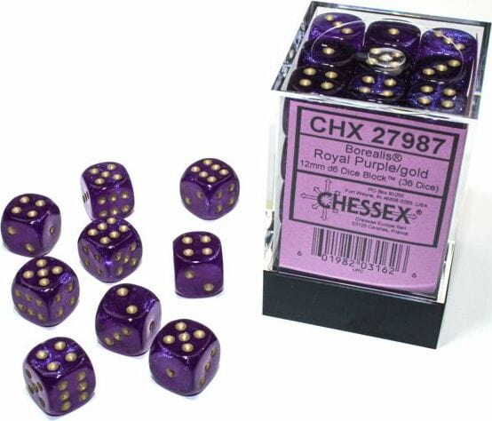 Borealis Royal Purple/gold Luminary 12mm d6 Dice Block (36 dice) - Image 2