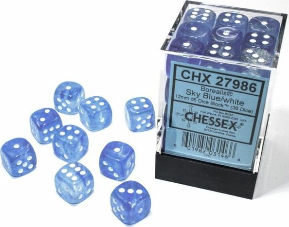 Borealis Sky Blue/white Luminary 12mm d6 Dice Block (36 dice) - Image 2