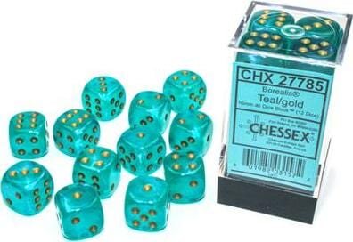 Borealis® 16mm D6 Teal/gold Luminary™ Dice Block™ (12 dice) - Image 2