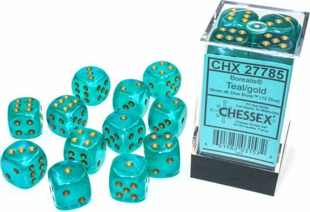 Borealis® 16mm D6 Teal/gold Luminary™ Dice Block™ (12 dice) - Image 5