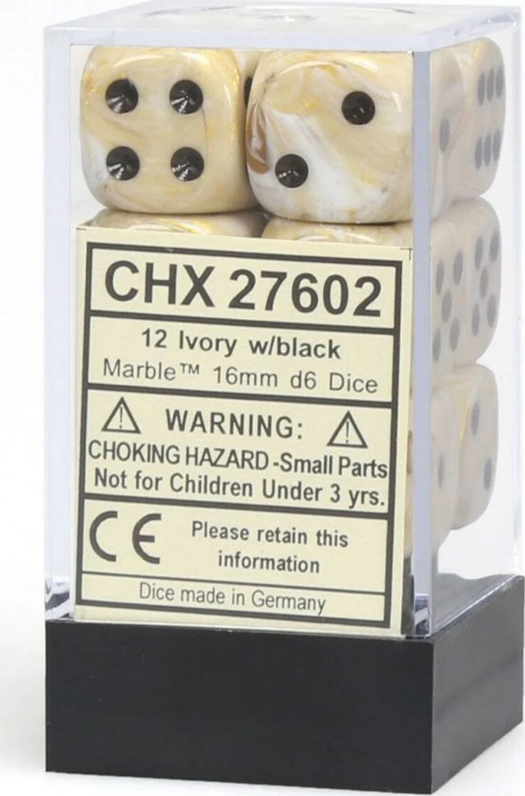 Marble 16mm D6 Ivory/black Dice Block™ (12 dice) - Image 5