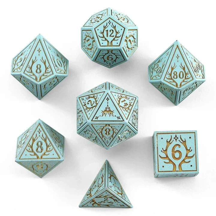 Druid Solid Metal Polyhedral Dice Set -  Pale Cyan With Gold