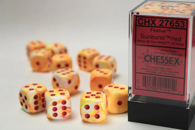 Festive® 16mm D6 w/pips Sunburst™ w/red Dice Block™ (12 dice