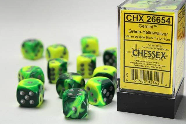 Gemini® 16mm D6 Green-Yellow/silver Dice Block™ (12 dice)