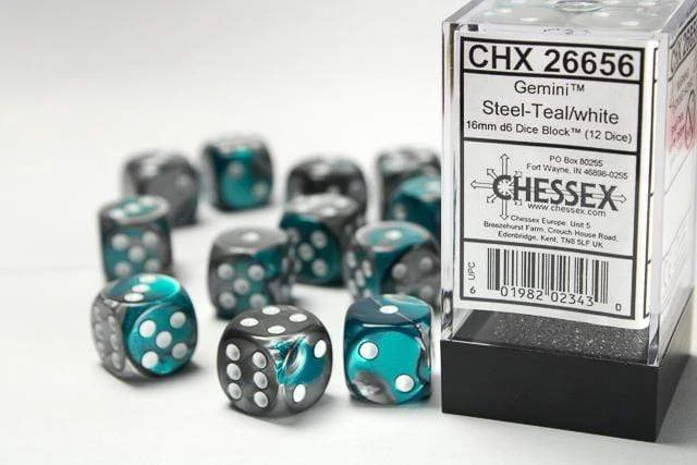 Gemini® 16mm D6 Teal-White/black Dice Block™ (12 dice)