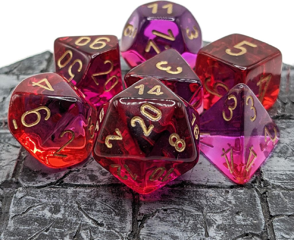 Gemini Translucent Red-Violet/gold Polyhedral 7-Die Set - Image 8