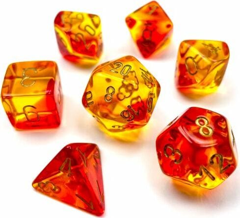 Gemini Translucent Red-Yellow/gold Polyhedral 7-Die Set - Image 3