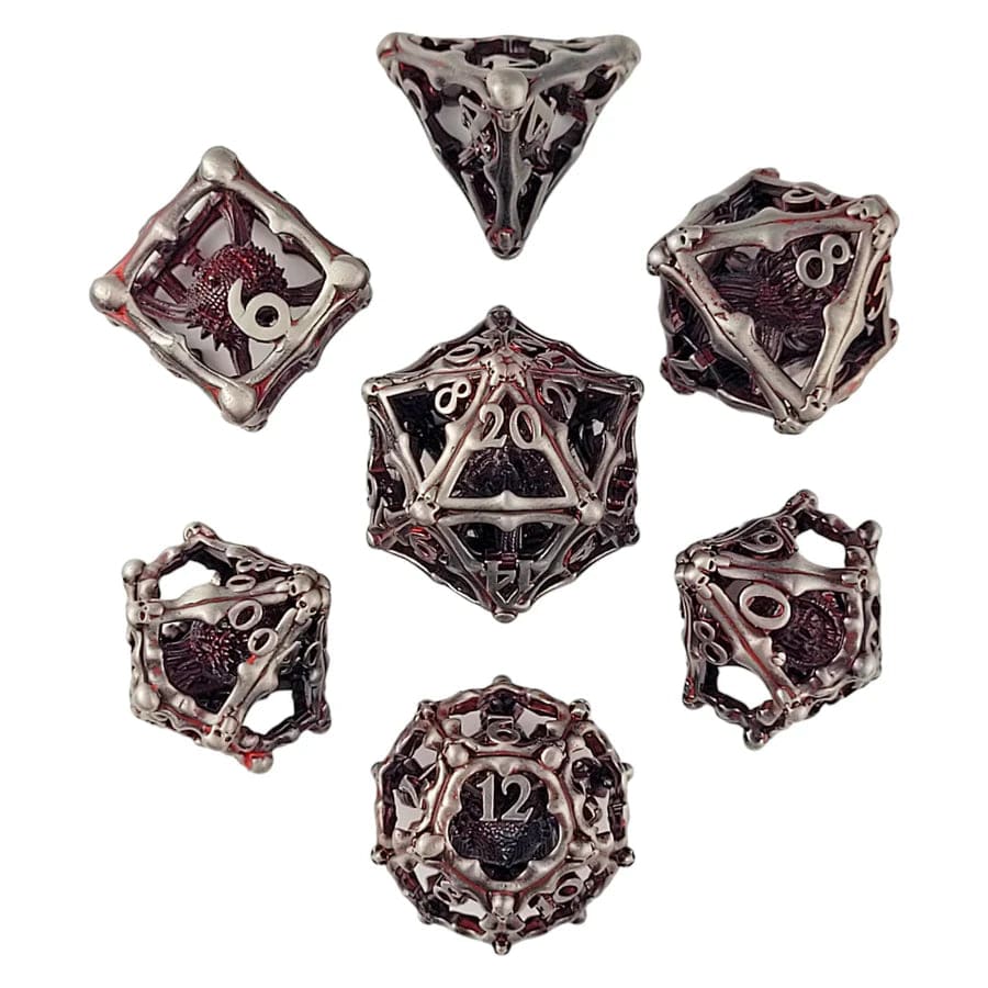 Grave Watcher Silver Red Hollow Metal RPG Dice Set