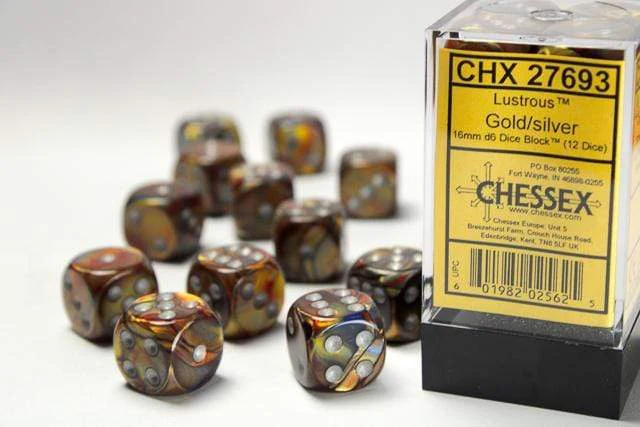 Lustrous® 16mm D6 Gold/silver Dice Block™ (12 dice)