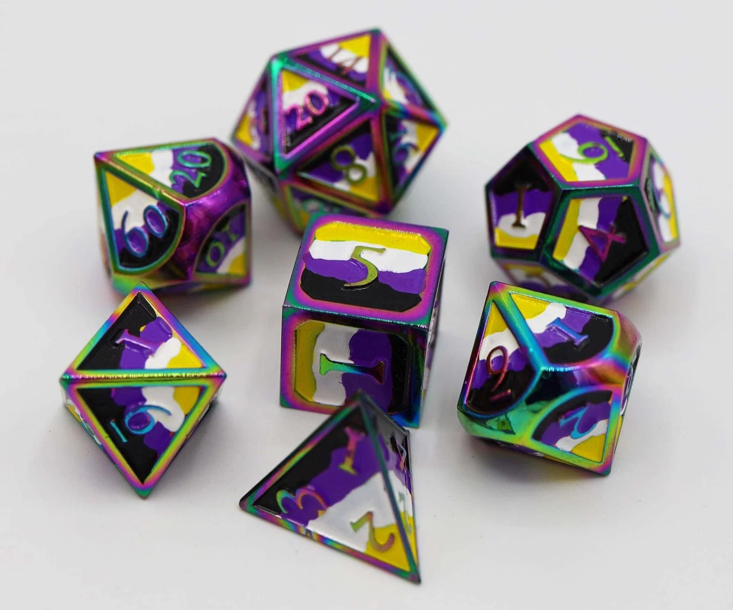 Nonbinary Pride Flag - Metal RPG Dice Set - Image 2