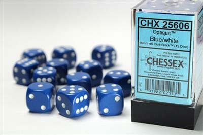 Opaque 16mm D6 Blue/white Dice Block™ (12 dice)