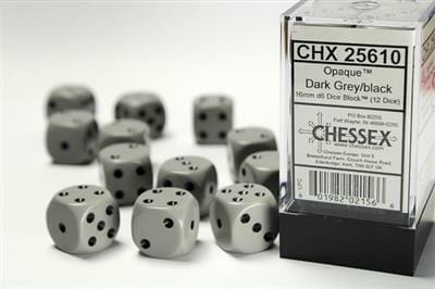 Opaque 16mm D6 Grey/black Dice Block™ (12 dice)