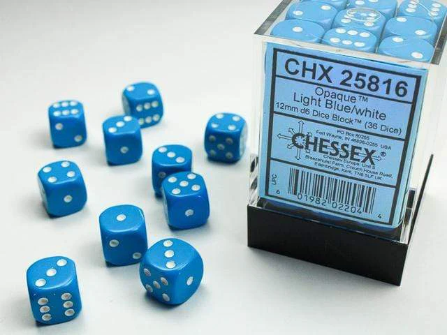 Opaque 12mm D6 Light Blue/white Dice Block™ (36 dice)