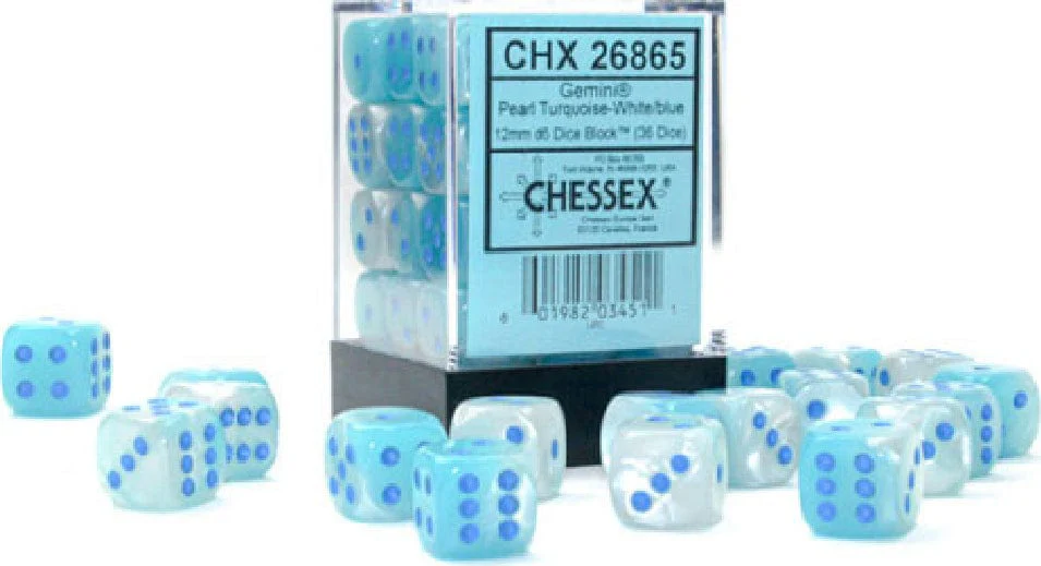 Gemini® 12mm D6 Pearl Turquoise-White/blue Luminary™ Dice Block™ (36 dice) - Image 7