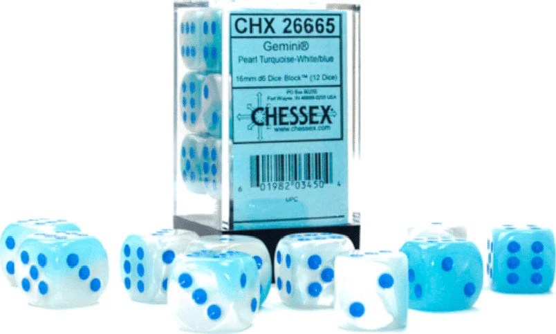 Gemini® 16mm D6 Pearl Turquoise-White/blue Luminary™ Dice Block™ (12 dice) - Image 2