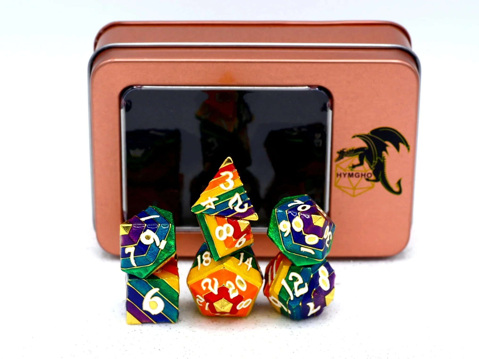 Rainbow Pride solid metal dice set - Gold with White Lettering