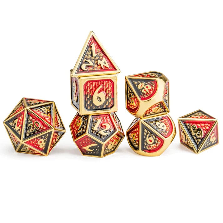 Solid Metal Behemoth Dice Set Gold with Red and Black