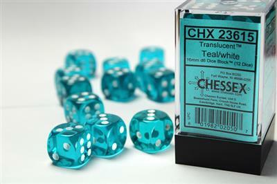 Translucent 16mm D6 Teal/white Dice Block™ (12 dice)