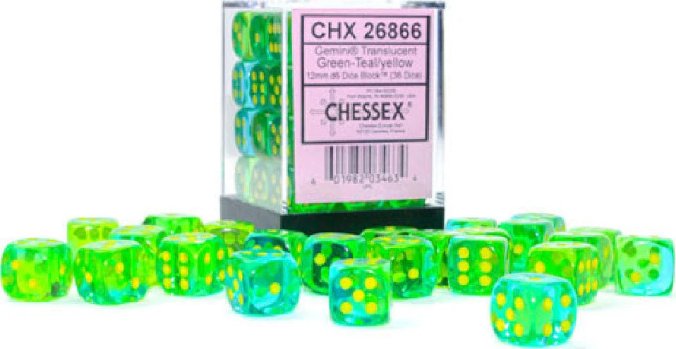 Gemini® 12mm D6 Translucent Green-Teal/yellow Dice Block™ (36 dice)