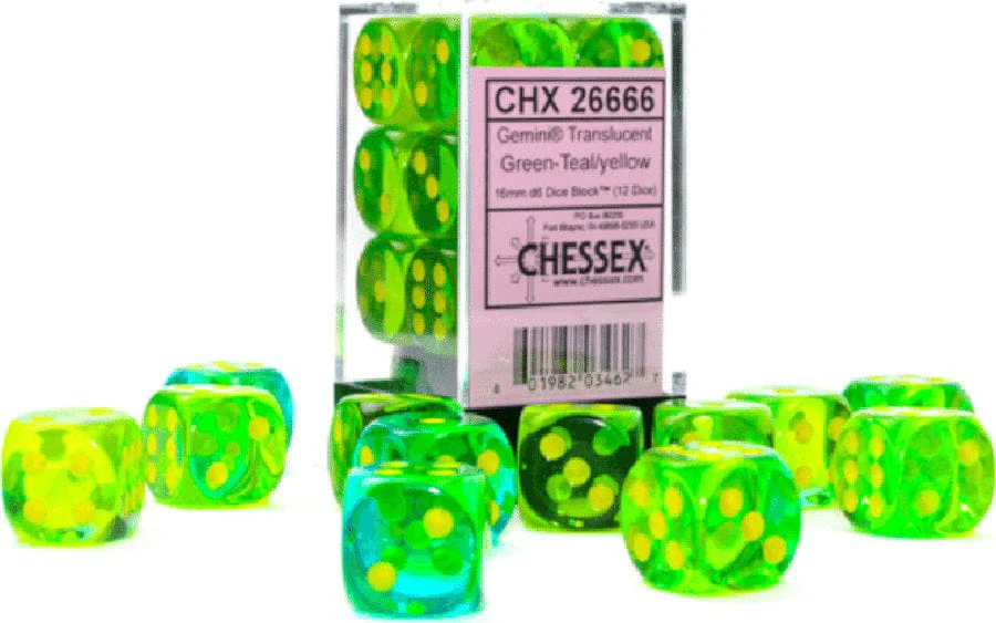 Gemini® 16mm D6 Translucent Green-Teal/yellow Dice Block™ (12 dice) - Image 4