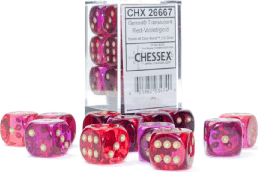 Gemini® 16mm D6 Translucent Red-Violet/gold Dice Block™ (12 dice) - Image 2