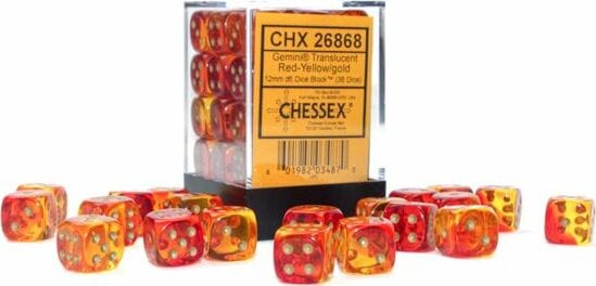 Gemini Translucent Red-Yellow/gold 12mm d6 Dice Block (36 dice) - Image 3